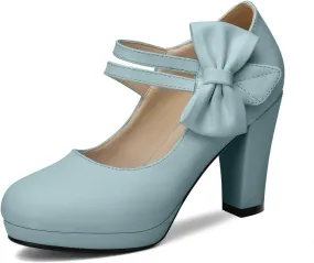 100FIXEO Chic Block High Heel Mary Jane Shoes Women Heels and Pumps Ladies Sweet Ankle Strap Dress Pumps Hook and Loop Bow Heels Closed Toe