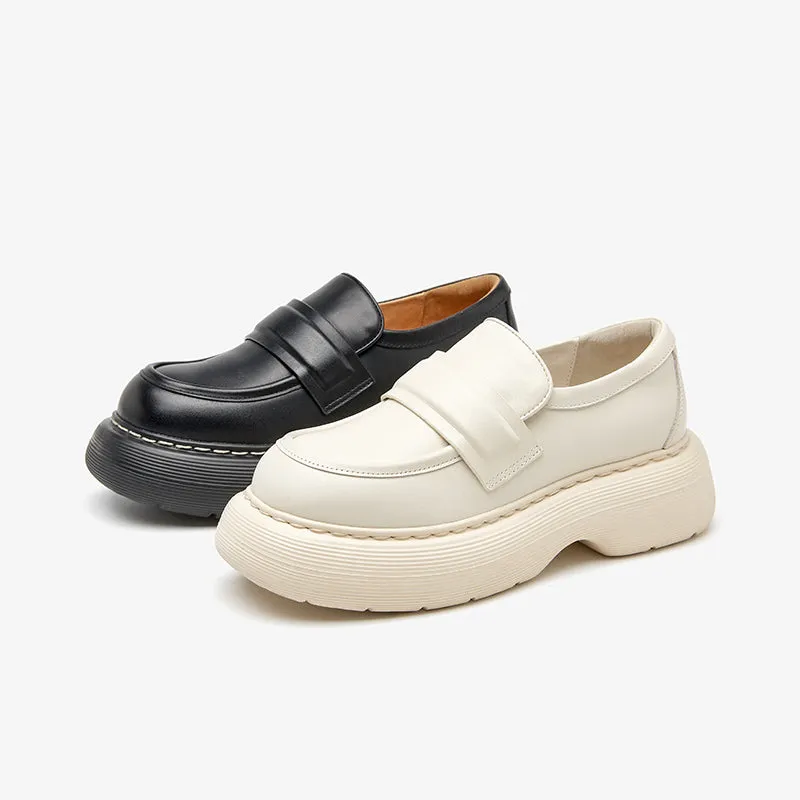 BeauToday Handmade Cow Leather Round Toe Chunky Heeled Loafers for women