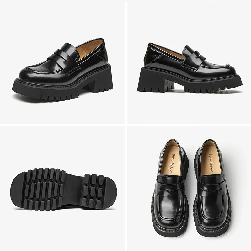 BeauToday Round Toe Block Heel Loafers for Women
