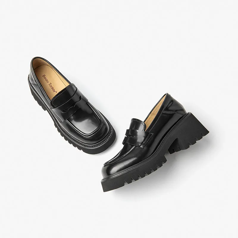 BeauToday Round Toe Block Heel Loafers for Women