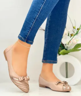 Beige Ballet Flats, Metallic Stripe Bow