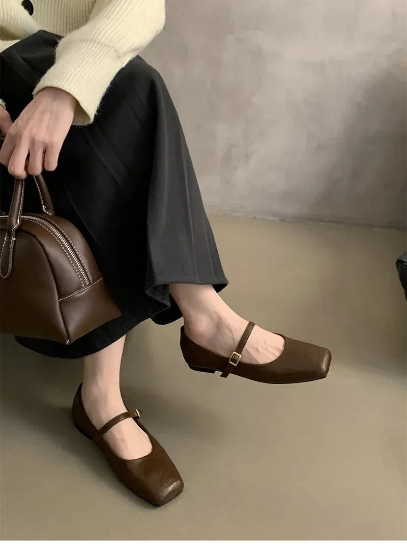 binfenxie Vintage Spring Women Mary Jane Shoes Fashion Ladies Casual Soft Sole Flats Women's Comfort Square Toe Grandma's Shoes