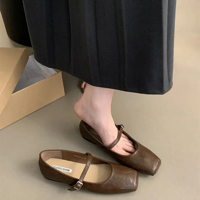 binfenxie Vintage Spring Women Mary Jane Shoes Fashion Ladies Casual Soft Sole Flats Women's Comfort Square Toe Grandma's Shoes