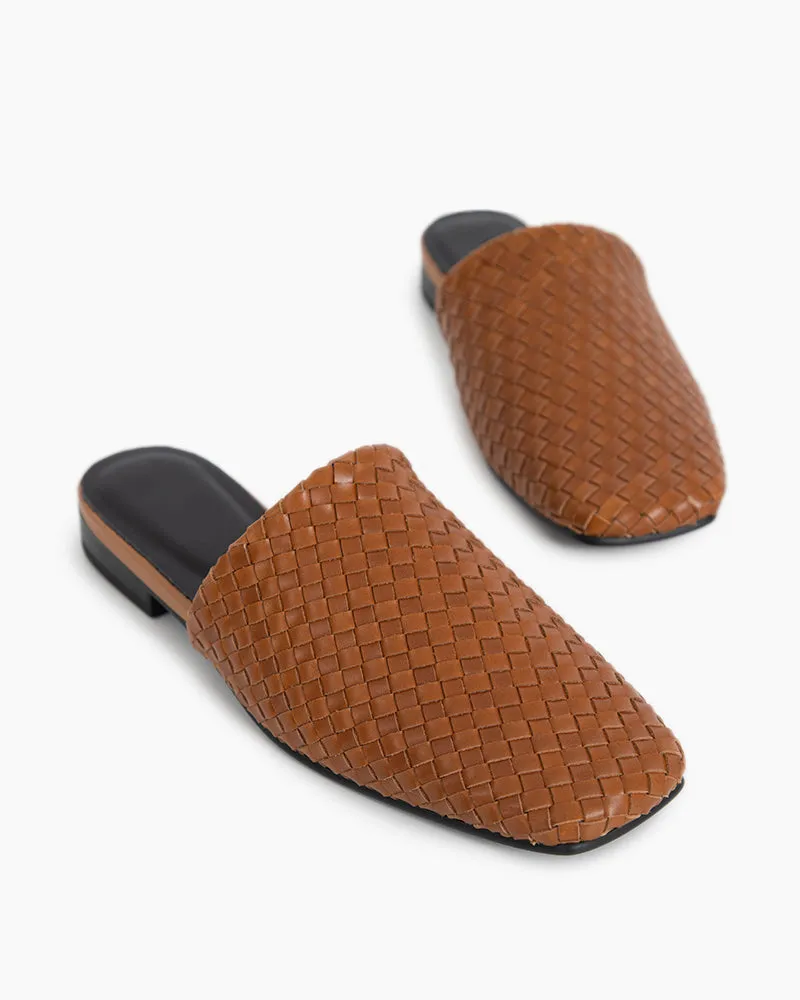 Brown Cowhide Woven Square Toe Flat Mules