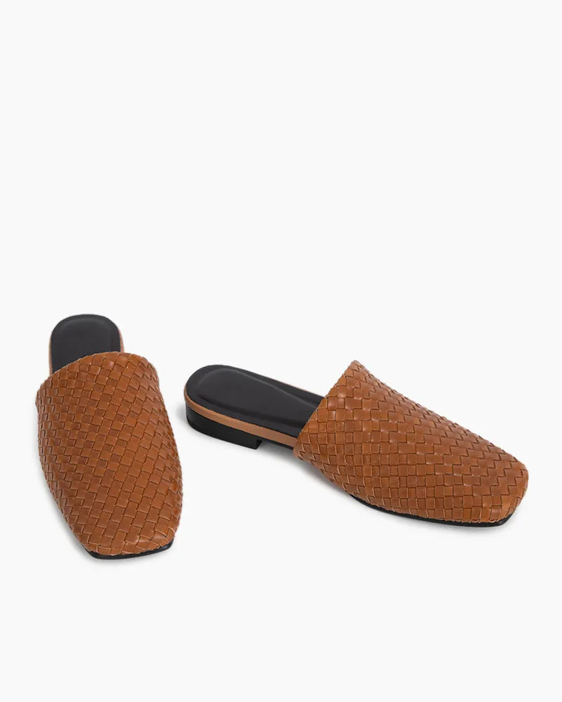Brown Cowhide Woven Square Toe Flat Mules