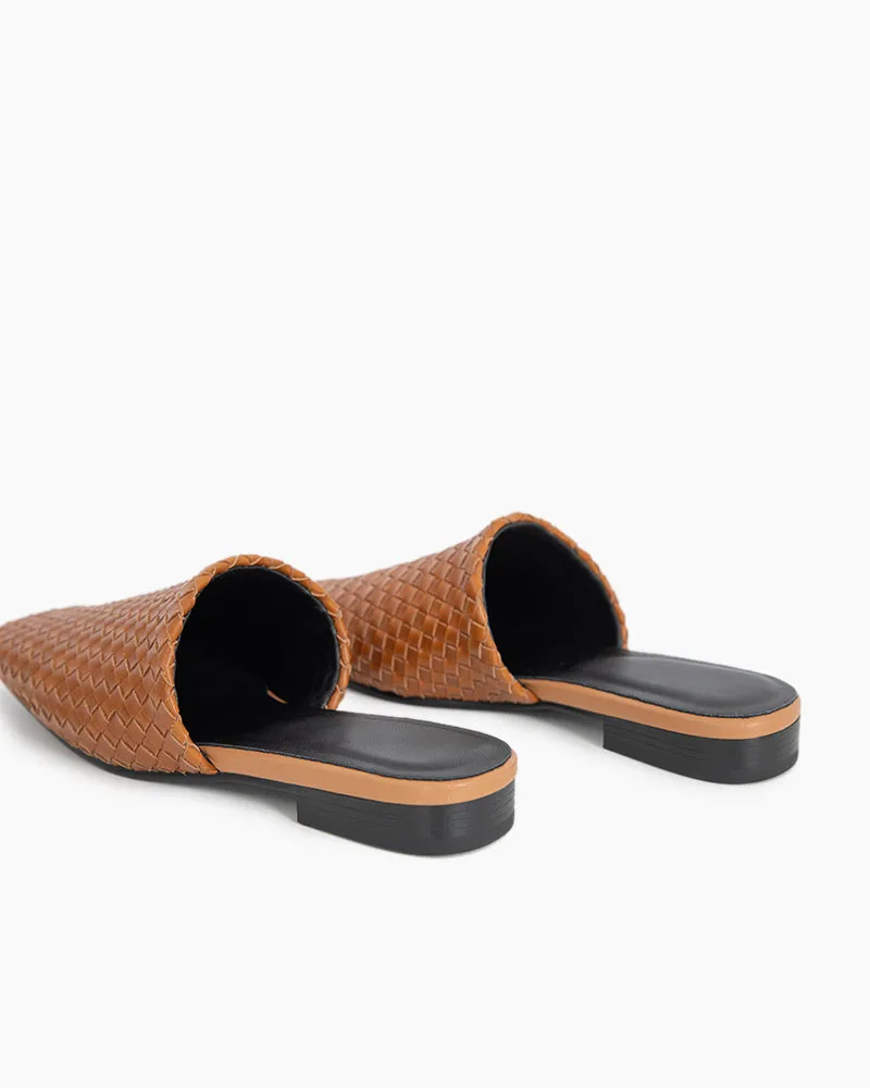 Brown Cowhide Woven Square Toe Flat Mules
