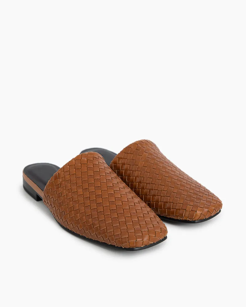 Brown Cowhide Woven Square Toe Flat Mules