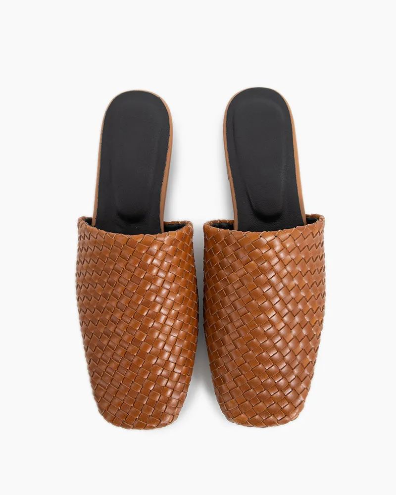 Brown Cowhide Woven Square Toe Flat Mules