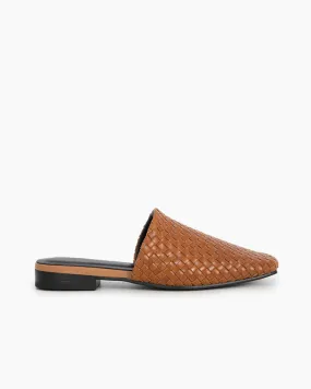 Brown Cowhide Woven Square Toe Flat Mules