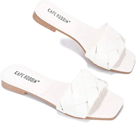 Cape Robbin Deja Woven Mules Slip On Flat Slides Sandals WHITE (10, WHITE)