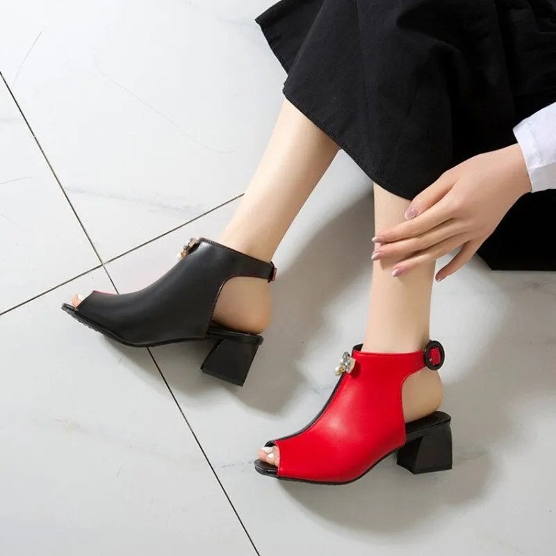 Chic Mixed Color Contrast Women Sandals Buckle Strap Pearls