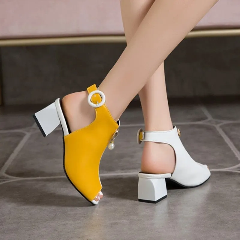 Chic Mixed Color Contrast Women Sandals Buckle Strap Pearls