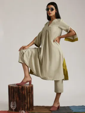 Cotton Linen Light Grey Flared Kurta Pant Set