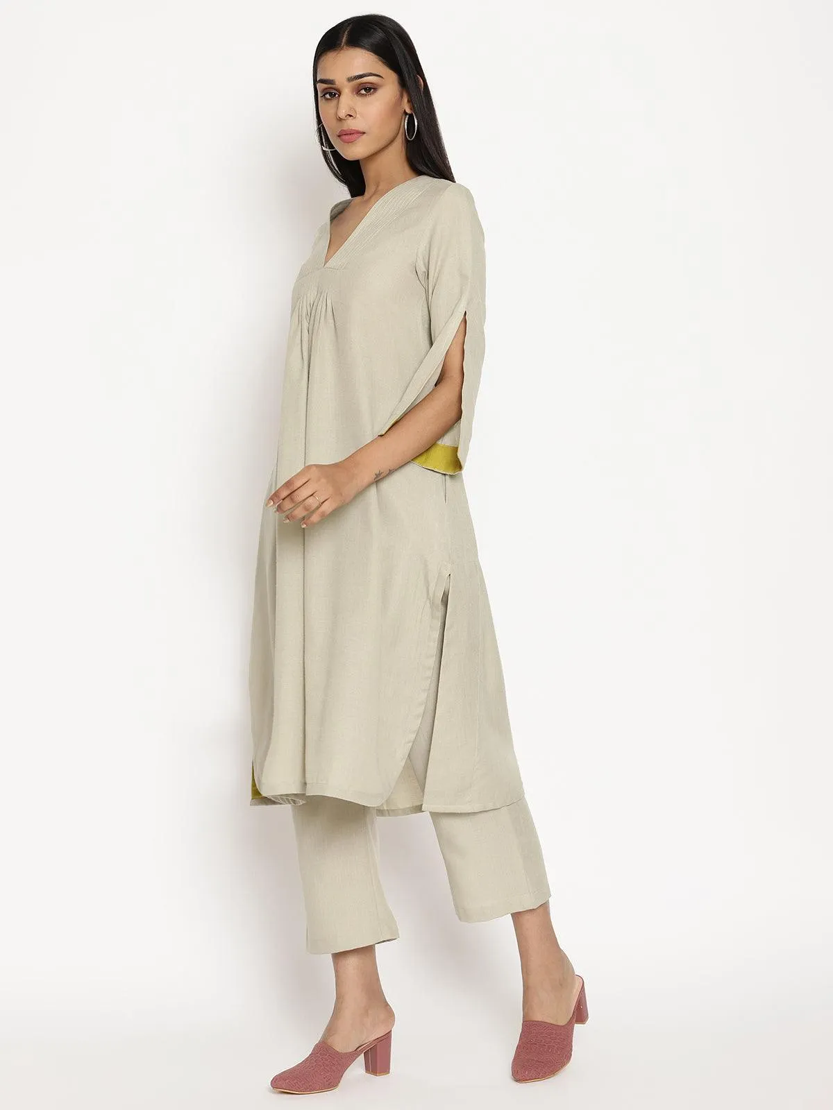 Cotton Linen Light Grey Flared Kurta Pant Set