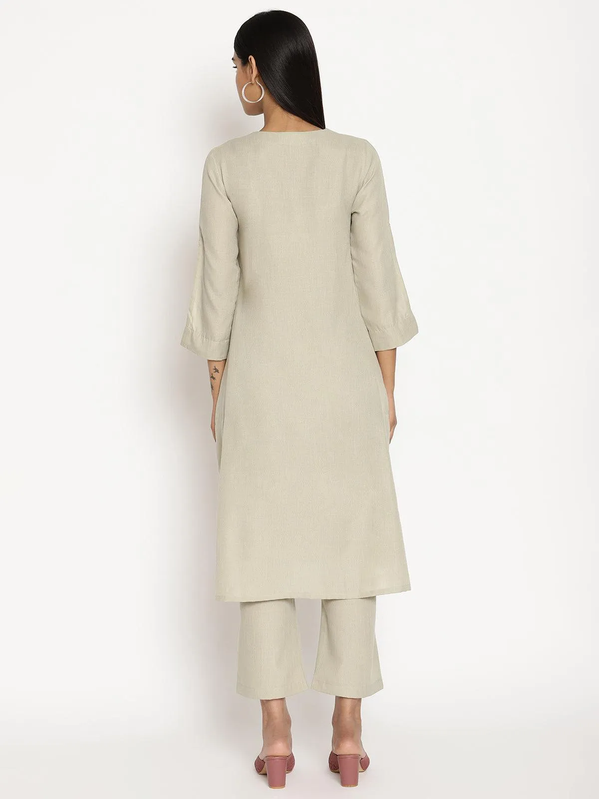 Cotton Linen Light Grey Flared Kurta Pant Set