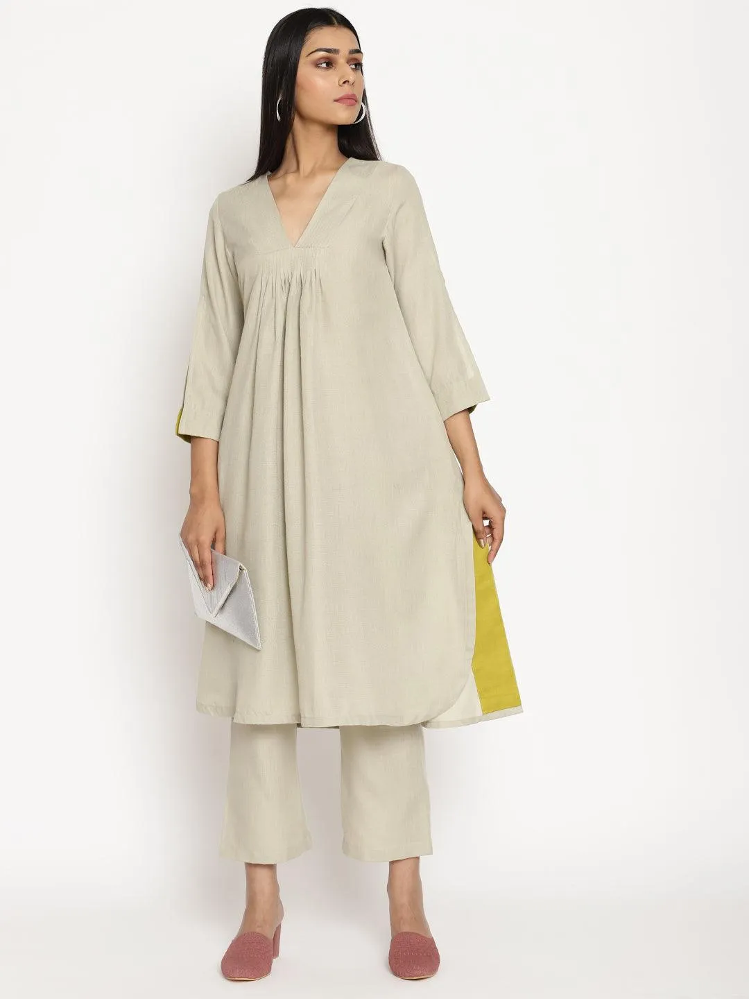 Cotton Linen Light Grey Flared Kurta Pant Set