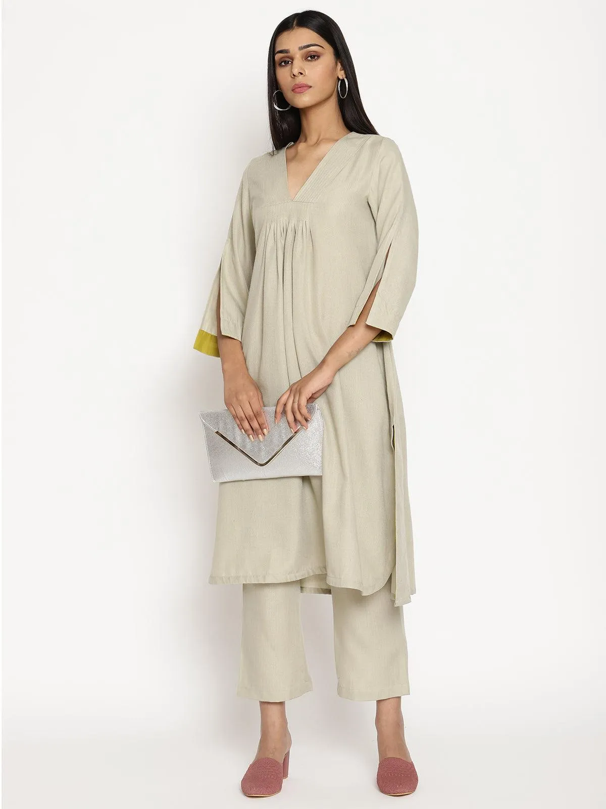 Cotton Linen Light Grey Flared Kurta Pant Set