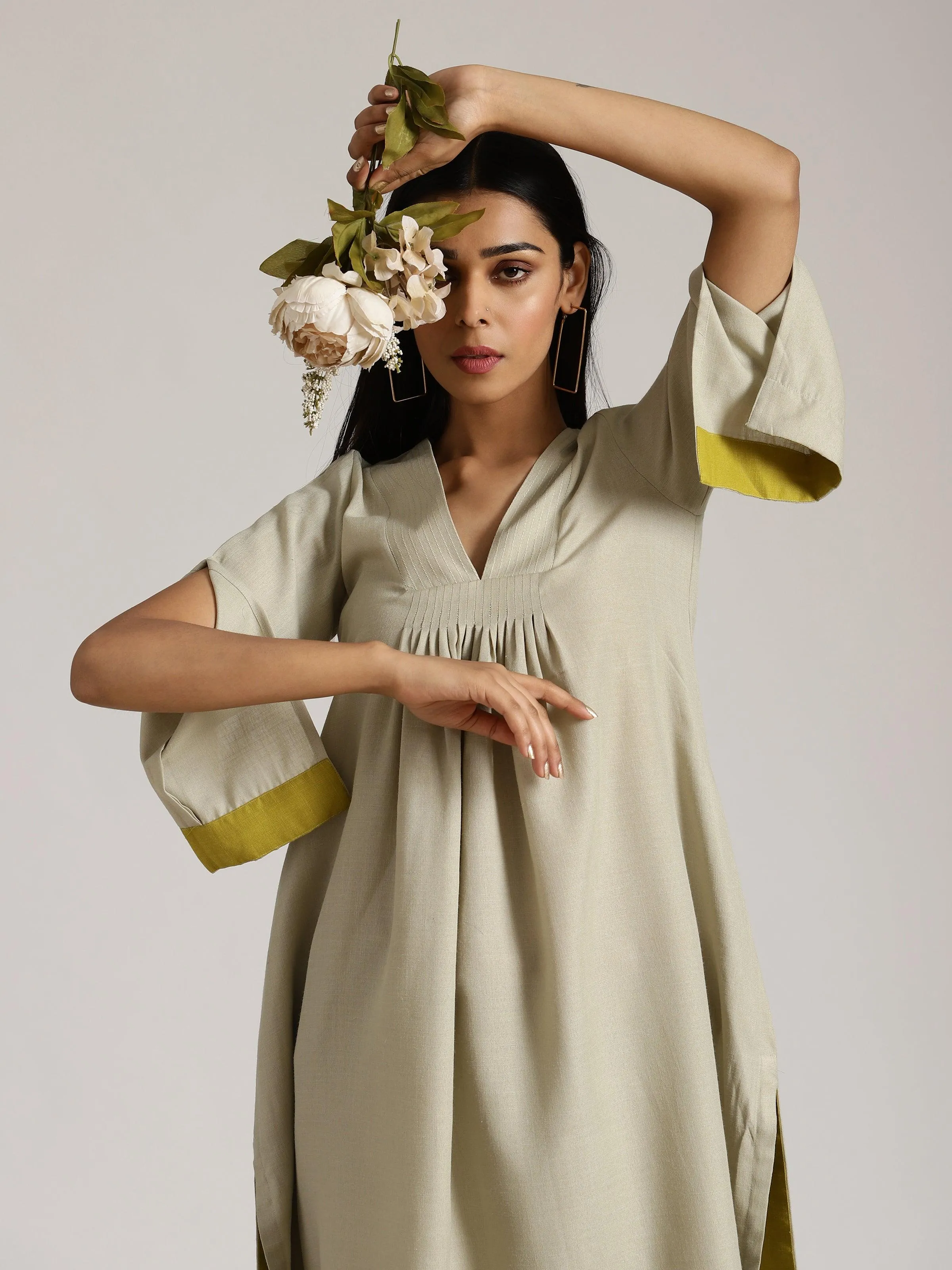 Cotton Linen Light Grey Flared Kurta Pant Set