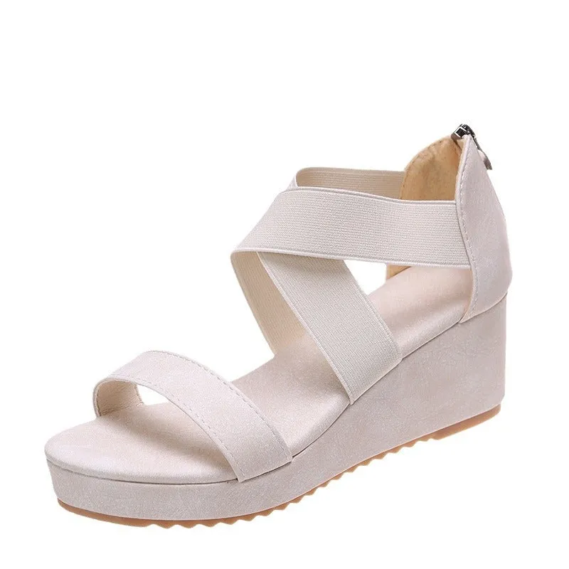 Elastic criss cross strap wedge sandals with back zipper