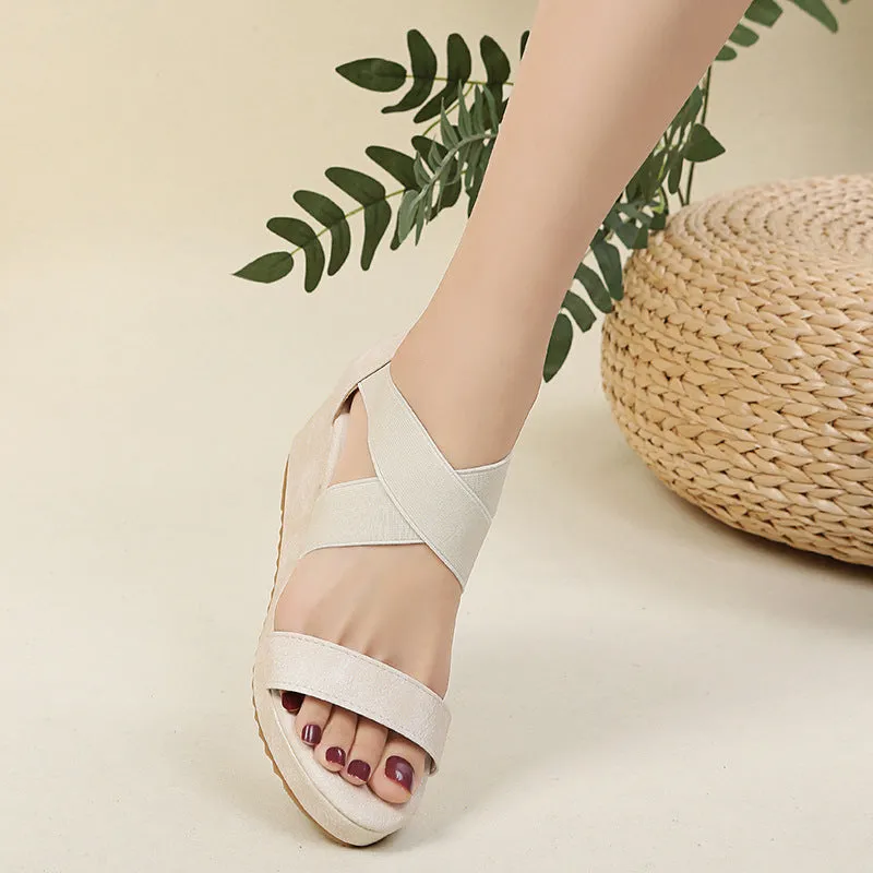 Elastic criss cross strap wedge sandals with back zipper