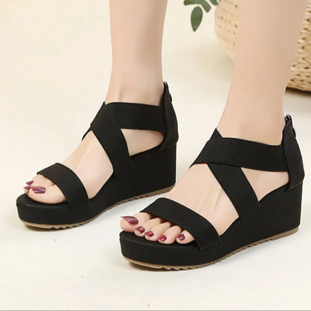 Elastic criss cross strap wedge sandals with back zipper