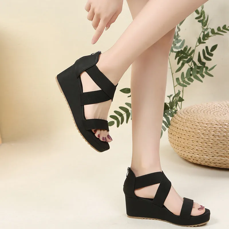 Elastic criss cross strap wedge sandals with back zipper