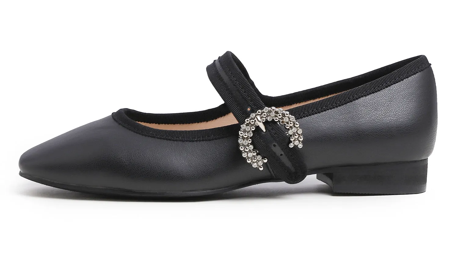 Feversole Women's Mary Jane Fashion Square Toe Easy Buckle Low Heel Slip On Flats Vegan Leather Rhinestones