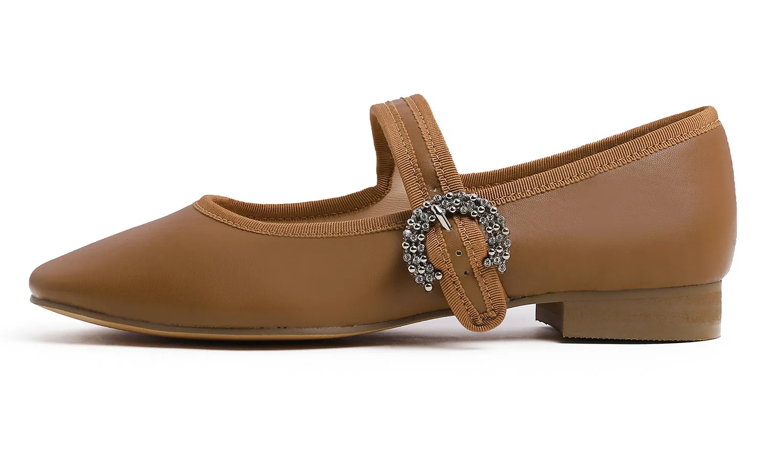 Feversole Women's Mary Jane Fashion Square Toe Easy Buckle Low Heel Slip On Flats Vegan Leather Rhinestones