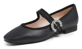 Feversole Women's Mary Jane Fashion Square Toe Easy Buckle Low Heel Slip On Flats Vegan Leather Rhinestones