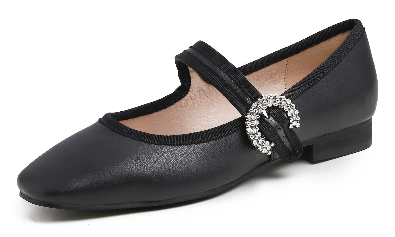 Feversole Women's Mary Jane Fashion Square Toe Easy Buckle Low Heel Slip On Flats Vegan Leather Rhinestones
