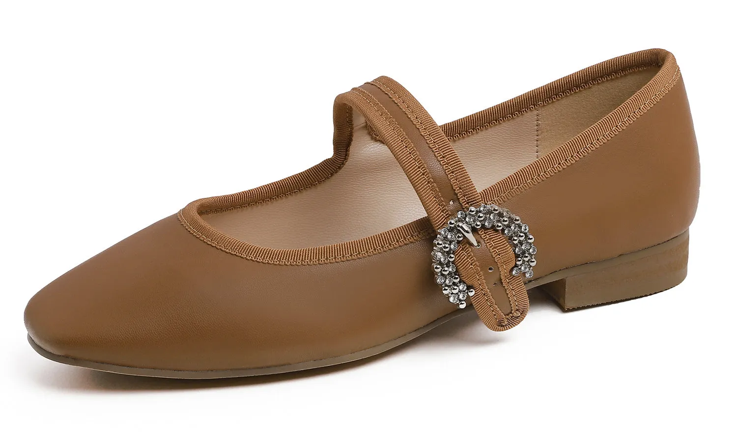 Feversole Women's Mary Jane Fashion Square Toe Easy Buckle Low Heel Slip On Flats Vegan Leather Rhinestones