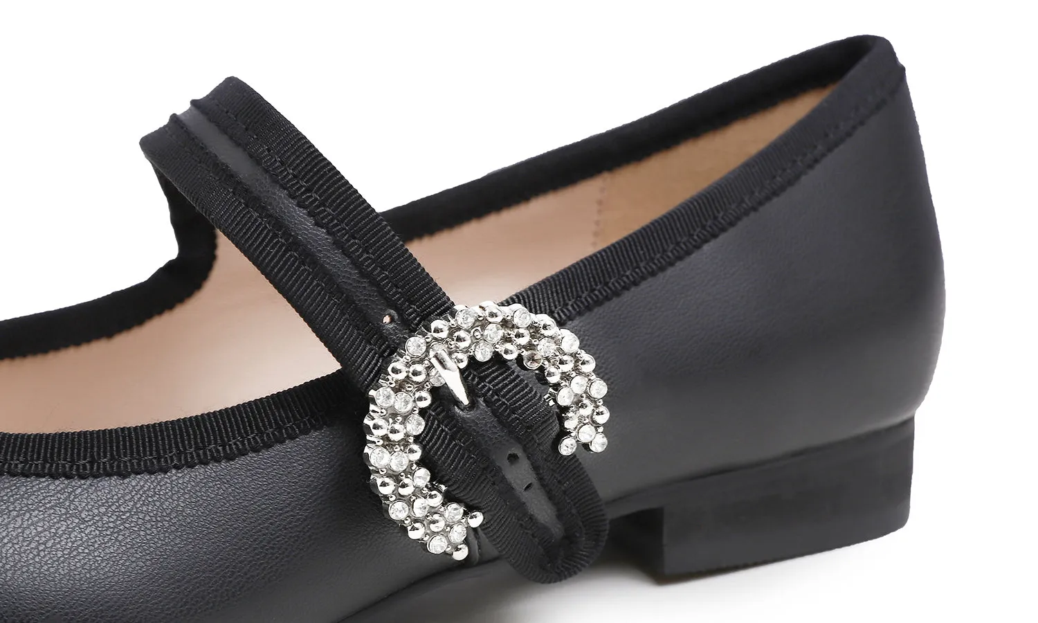 Feversole Women's Mary Jane Fashion Square Toe Easy Buckle Low Heel Slip On Flats Vegan Leather Rhinestones