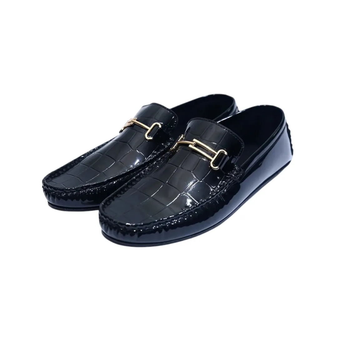 Floxi Men’s Croc Texture Black Leather Loafers