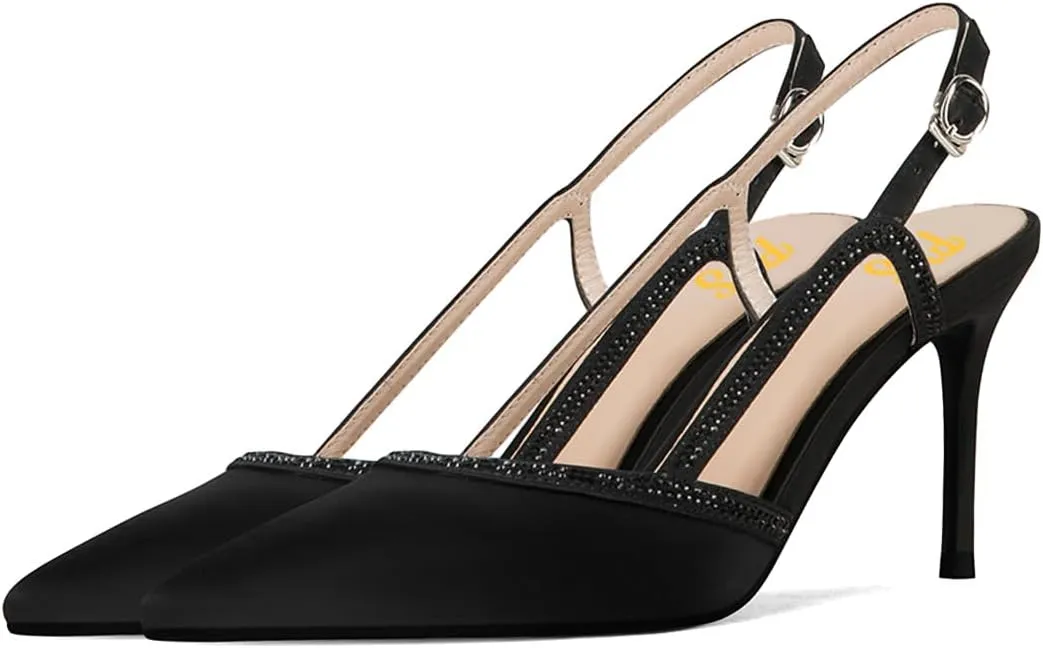 FYS Women's Chic Pointed Toe Slingback Pump Sexy Rhinestone Studded Stiletto High Heels Buckle Dress Prom Date Party Shoes Size 4-16 US