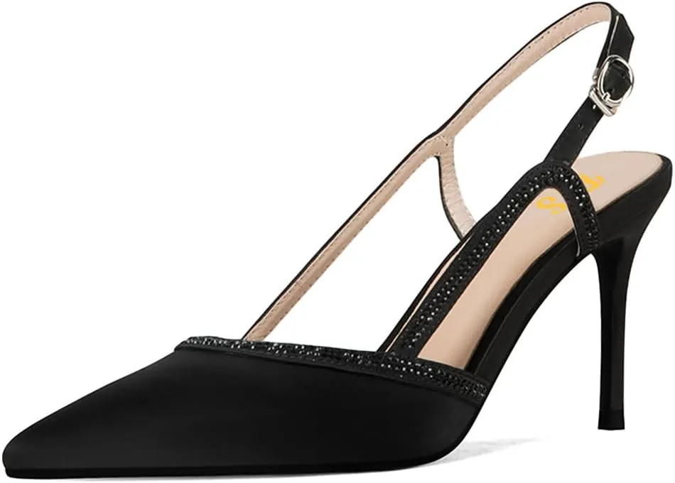 FYS Women's Chic Pointed Toe Slingback Pump Sexy Rhinestone Studded Stiletto High Heels Buckle Dress Prom Date Party Shoes Size 4-16 US