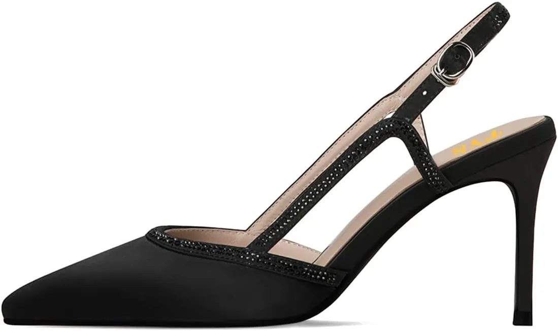 FYS Women's Chic Pointed Toe Slingback Pump Sexy Rhinestone Studded Stiletto High Heels Buckle Dress Prom Date Party Shoes Size 4-16 US