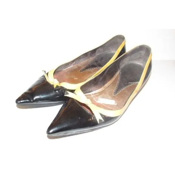 Giorgio Armani Black Glossy Leather, Pointed Toe, Flats with Yellow Trim & Bow Accents