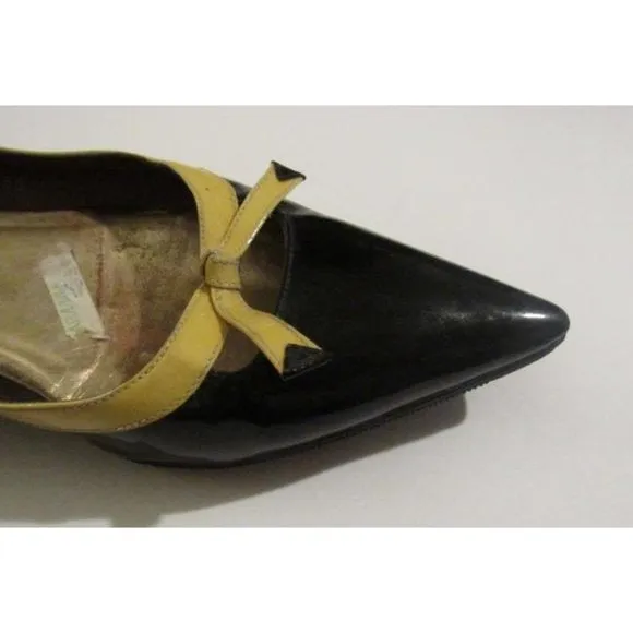Giorgio Armani Black Glossy Leather, Pointed Toe, Flats with Yellow Trim & Bow Accents