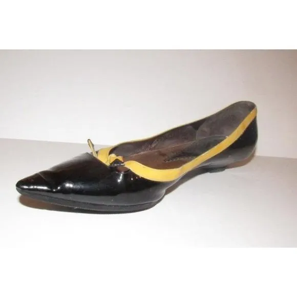 Giorgio Armani Black Glossy Leather, Pointed Toe, Flats with Yellow Trim & Bow Accents