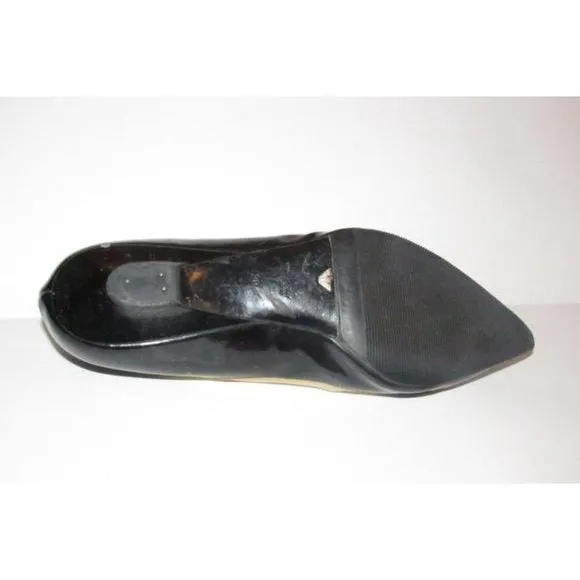 Giorgio Armani Black Glossy Leather, Pointed Toe, Flats with Yellow Trim & Bow Accents