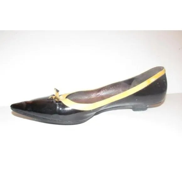 Giorgio Armani Black Glossy Leather, Pointed Toe, Flats with Yellow Trim & Bow Accents