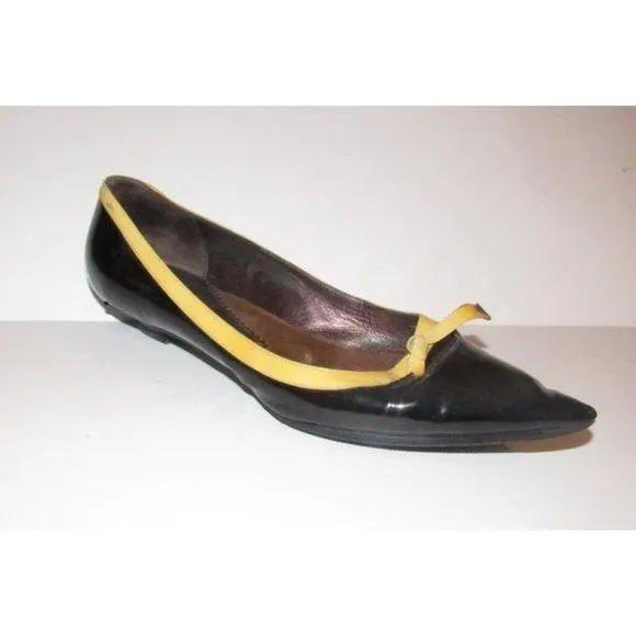 Giorgio Armani Black Glossy Leather, Pointed Toe, Flats with Yellow Trim & Bow Accents