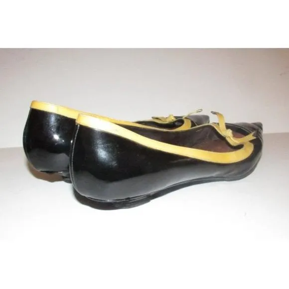Giorgio Armani Black Glossy Leather, Pointed Toe, Flats with Yellow Trim & Bow Accents