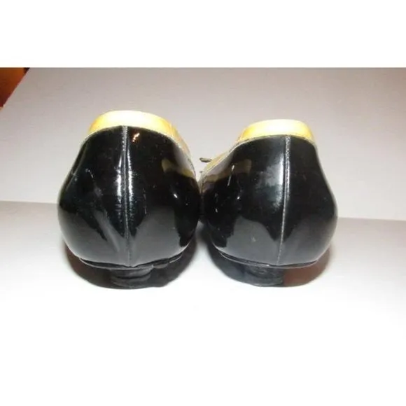 Giorgio Armani Black Glossy Leather, Pointed Toe, Flats with Yellow Trim & Bow Accents
