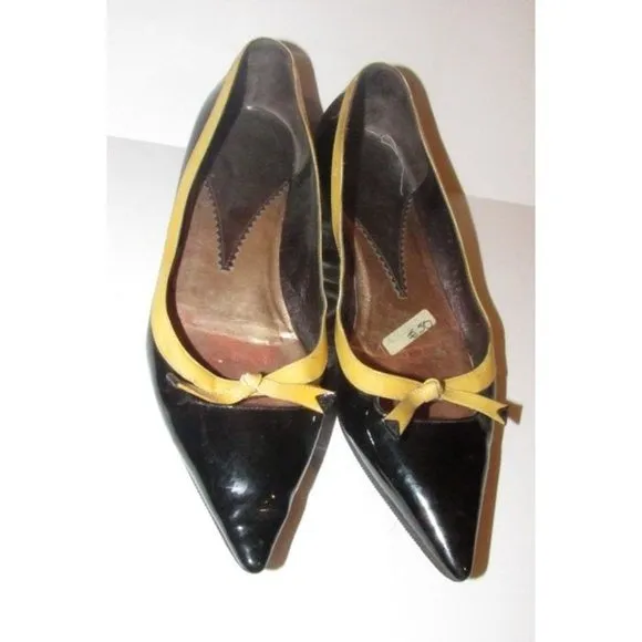 Giorgio Armani Black Glossy Leather, Pointed Toe, Flats with Yellow Trim & Bow Accents