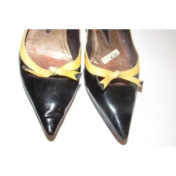 Giorgio Armani Black Glossy Leather, Pointed Toe, Flats with Yellow Trim & Bow Accents