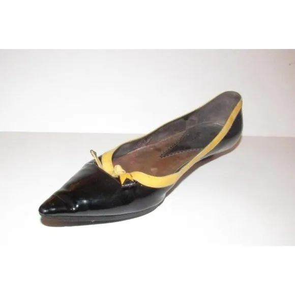 Giorgio Armani Black Glossy Leather, Pointed Toe, Flats with Yellow Trim & Bow Accents
