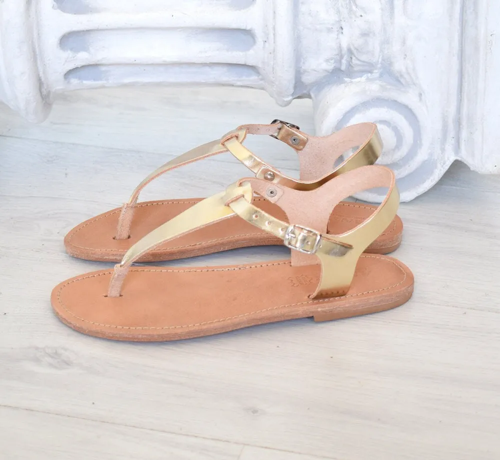 Gold sandals, T-bar sandals, astir sandals, Handmade sandals, High Quality Genuine Leather, leather Sole Sandals SKOPELOS