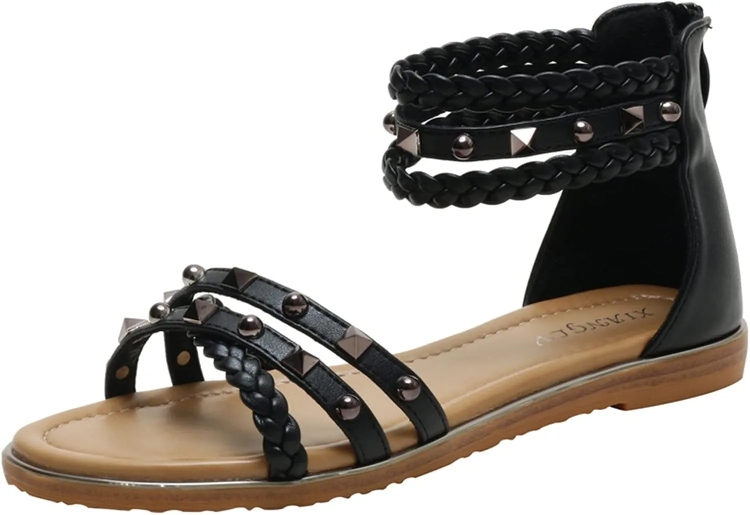 HINDOLA Women's Gladiator Sandals Summer Beach Flat Thong Cross Strappy Sandals Trendy Roman Shoes with Zipper