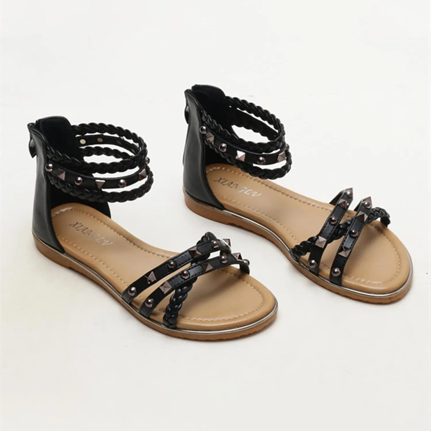 HINDOLA Women's Gladiator Sandals Summer Beach Flat Thong Cross Strappy Sandals Trendy Roman Shoes with Zipper
